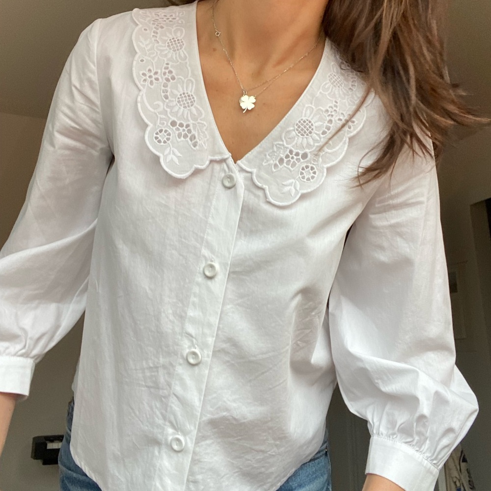 Mango embroidered scalloped collar white button down shirt
